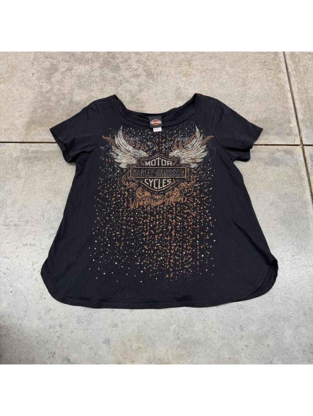vintage harley davidson bedazzled angel wings black shirt size xl WOMENS
